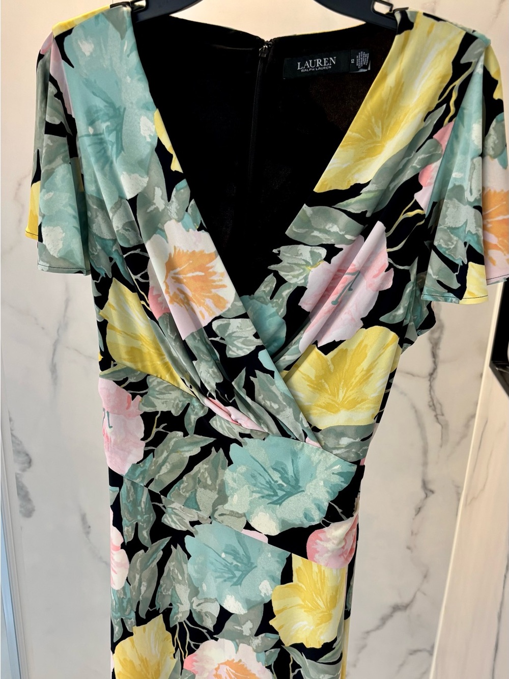 Ralph Lauren Black Floral Wrap Dress with Yellow, Mint & Pink Blooms